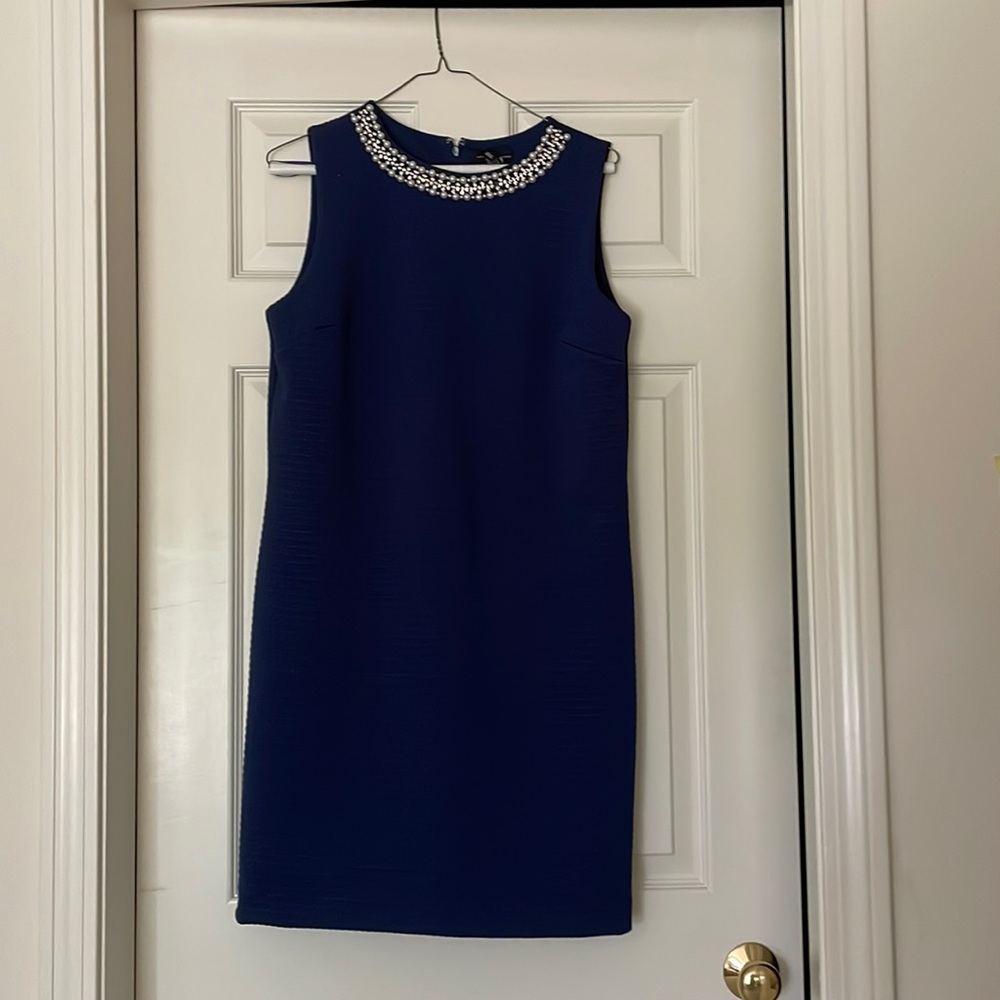 Navy blue shift dress with jeweled neckline